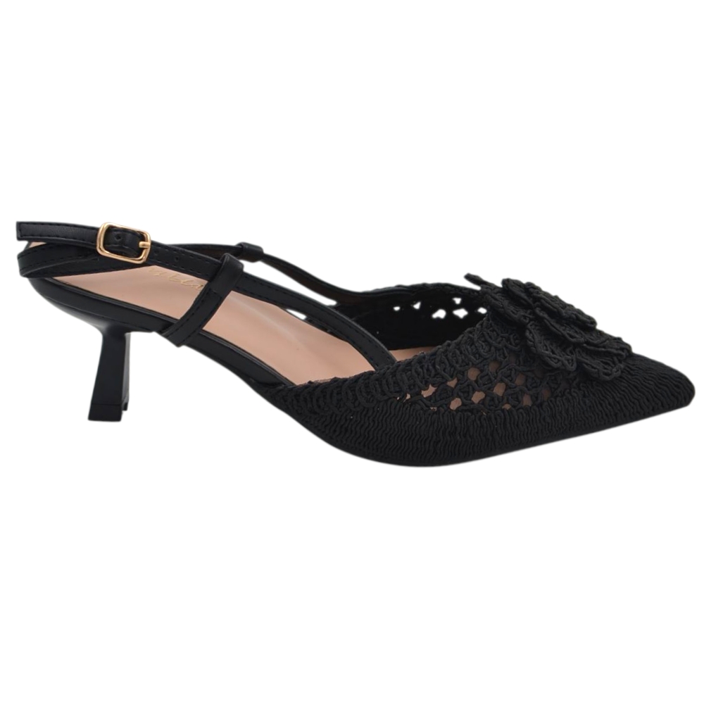 Decollete donna a punta slingback nero in tessuto intrecciato e fiore tacco sottile 5cm e cinturino regolabile caviglia.