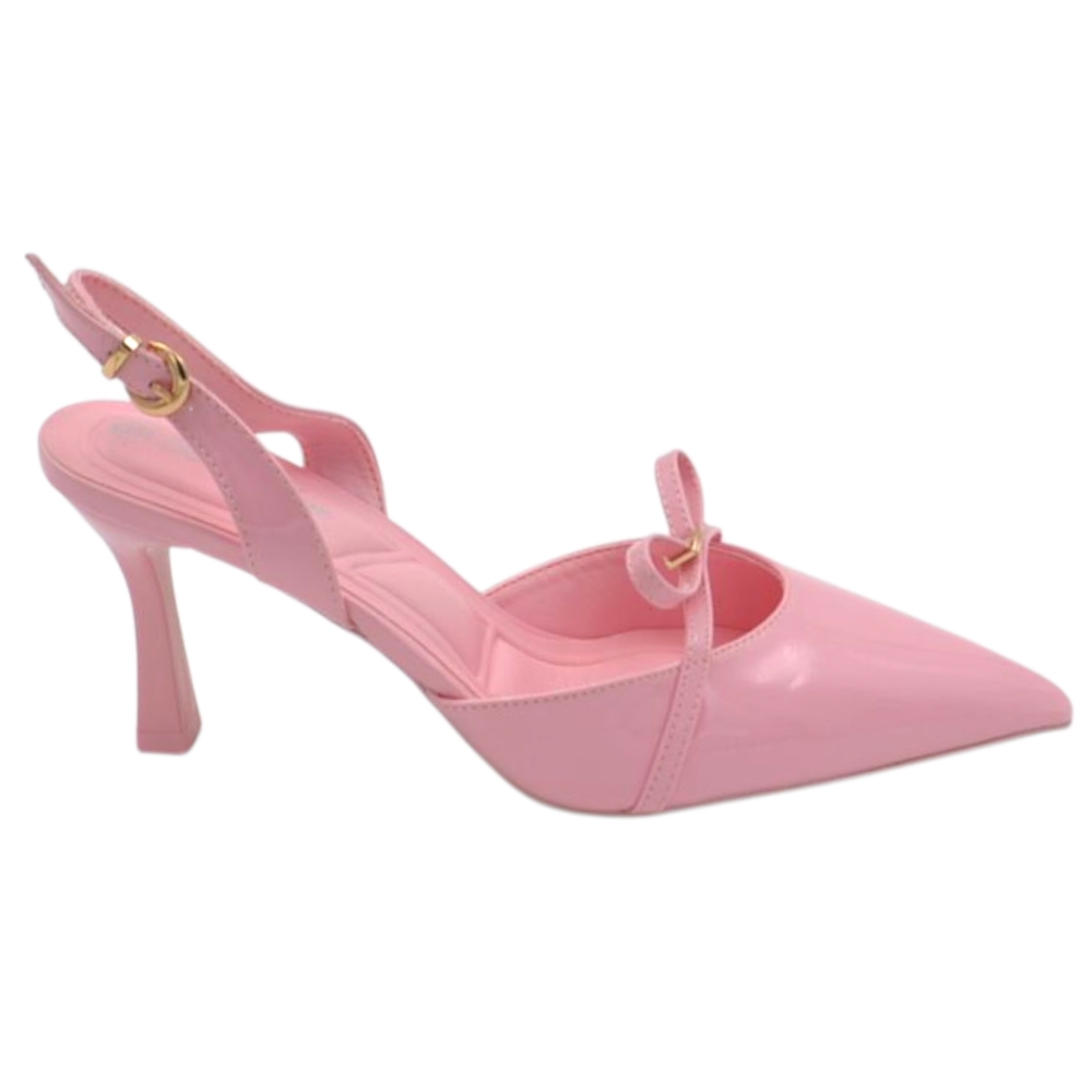 Decollete donna a punta rosa in vernice lucida slingback con scollo a v e fiocco tacco a clessidra 8 cm.