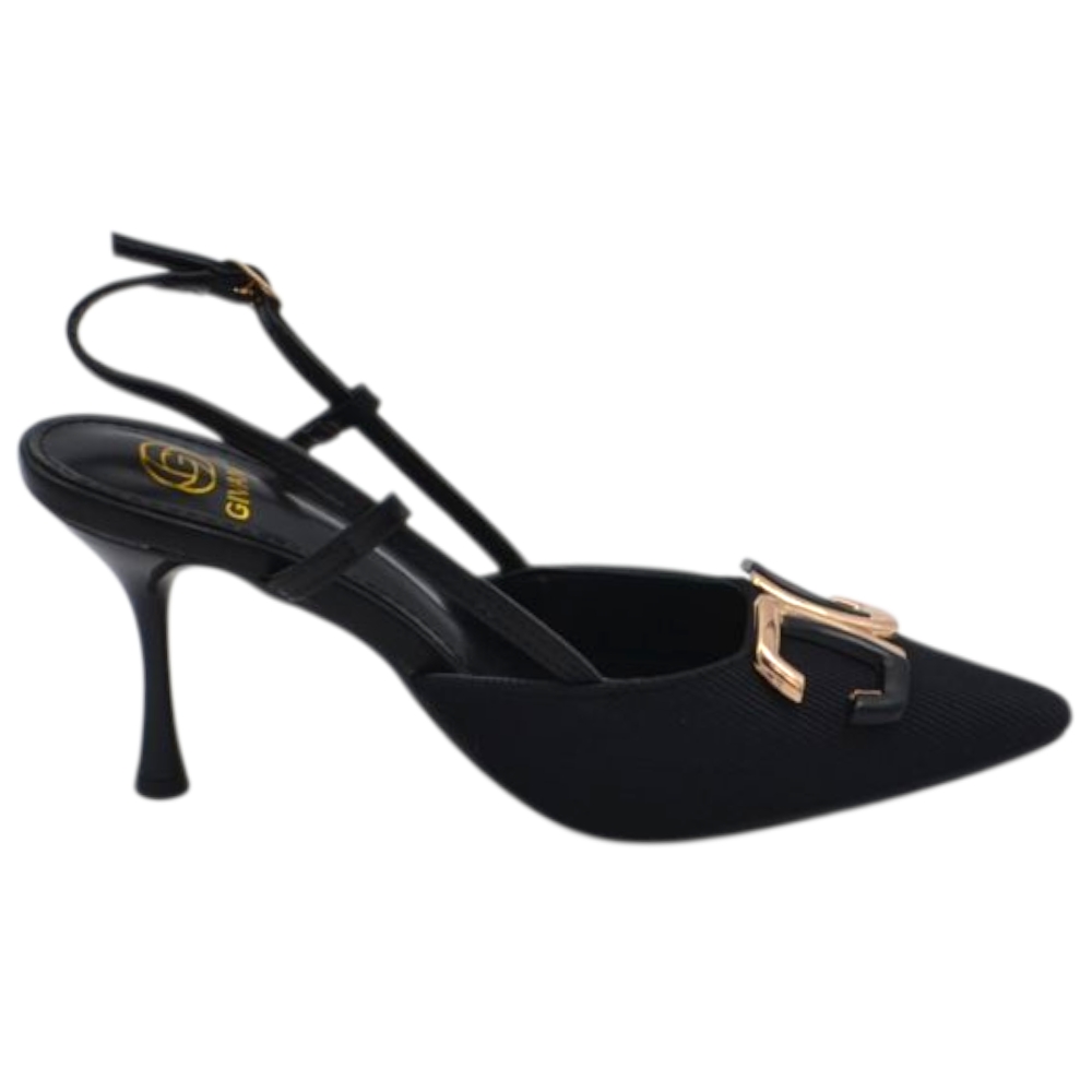 Decollete slingback donna in tessuto nero a punta con dettaglio metallico oro e tacco sottile 7 cm chiusura caviglia.