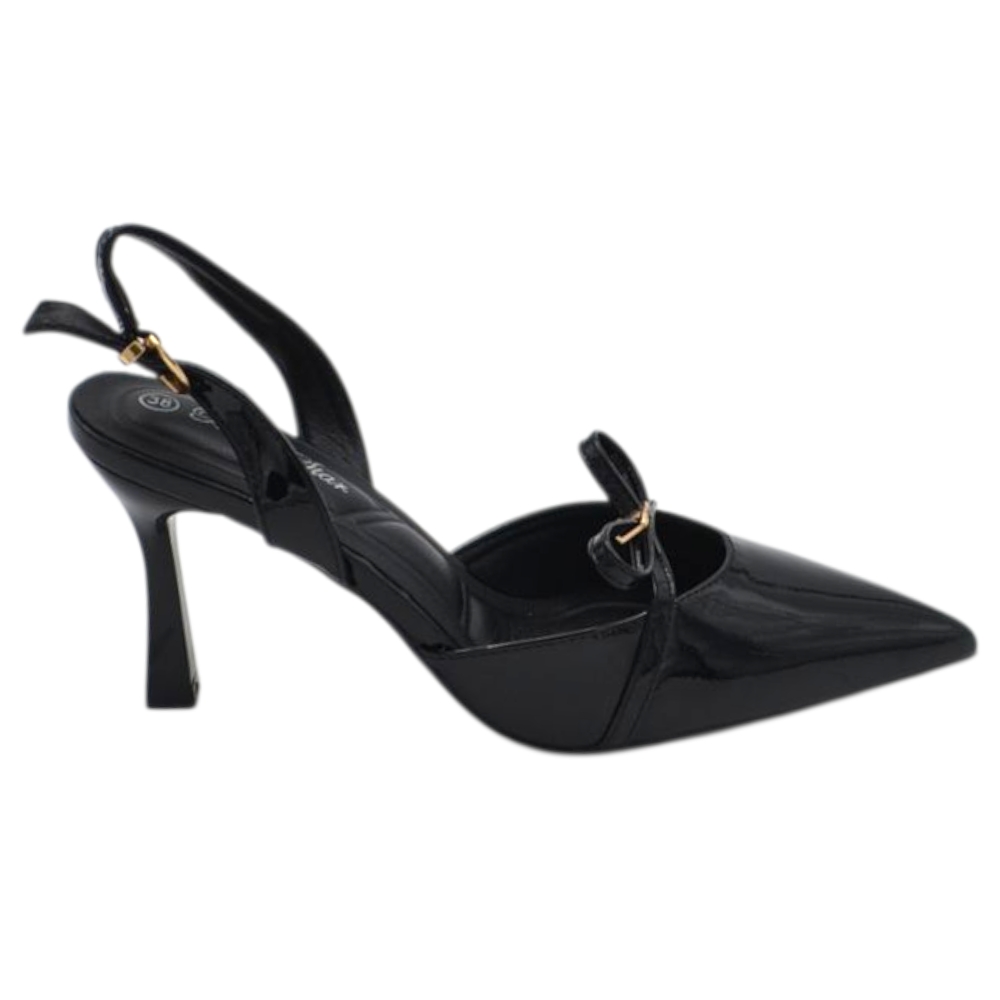 Decollete donna a punta nero in vernice lucida slingback con scollo a v e fiocco tacco a clessidra 8 cm