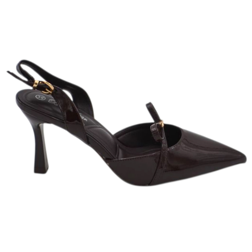 Decollete donna a punta marrone in vernice lucida slingback con scollo a v e fiocco tacco a clessidra 8 cm.