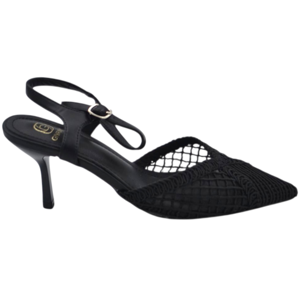 Decollete donna a punta slingback nero in tessuto intrecciato tacco sottile 5cm e cinturino regolabile alla caviglia.