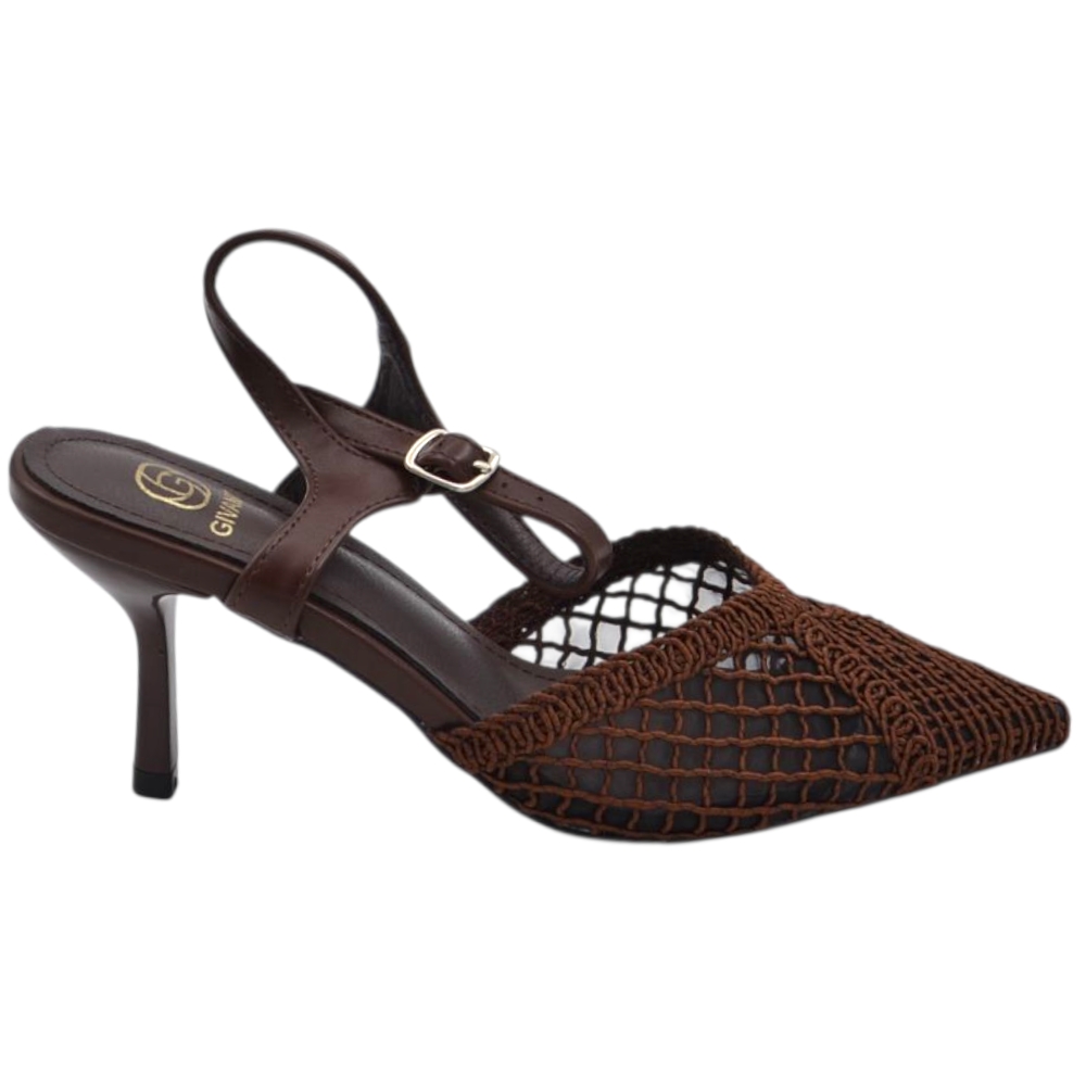 Decollete donna a punta slingback marrone in tessuto intrecciato tacco sottile 5cm e cinturino regolabile alla caviglia.