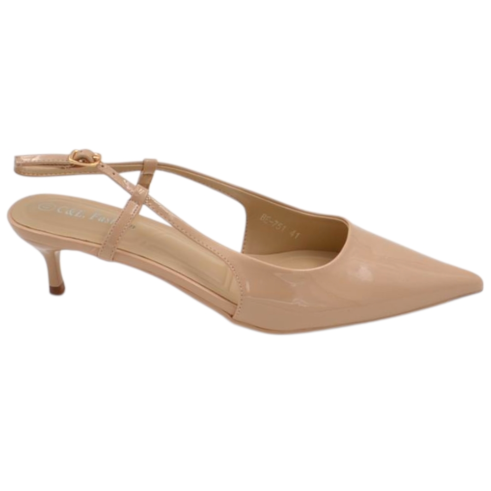 Decollete donna a punta beige vernice slingback con cinturino tacco a spillo 3 cm.