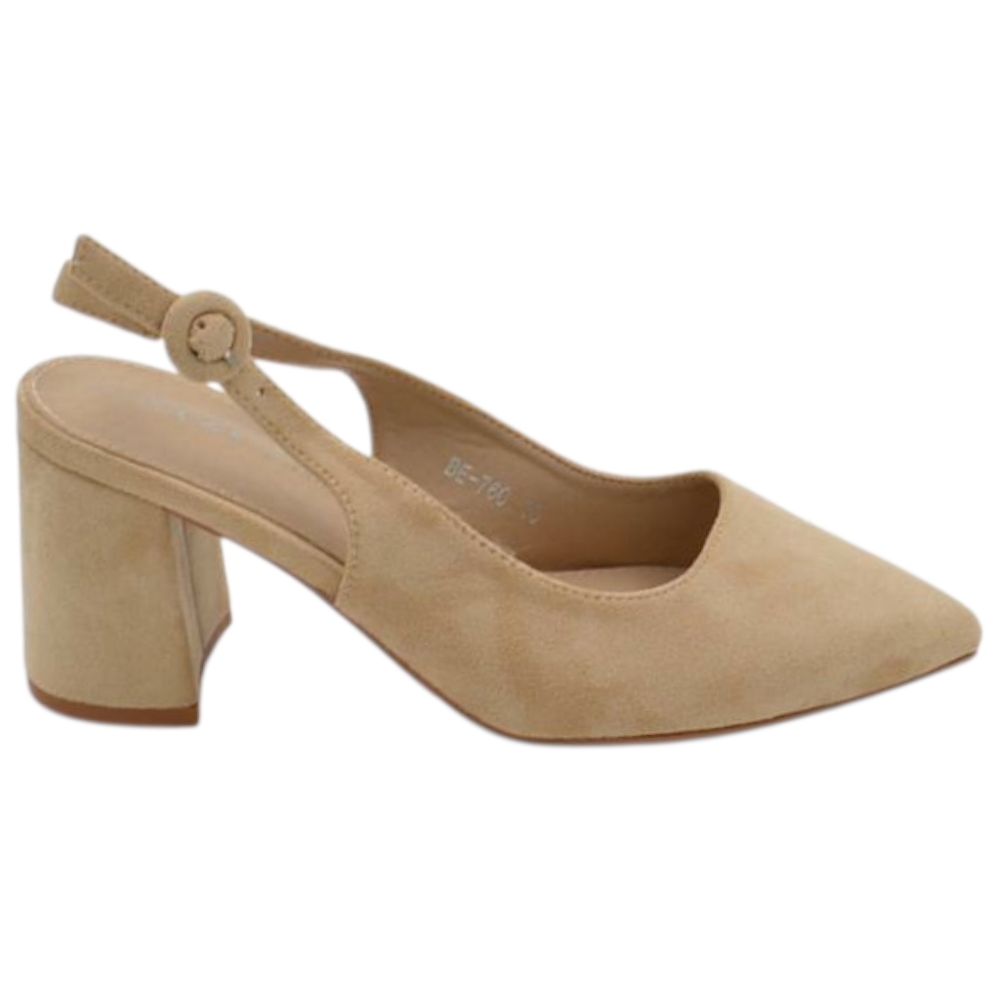 Decollete donna a punta beige camoscio slingback con cinturino tacco doppio 6 cm.