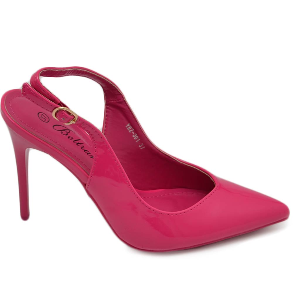 Scarpe decollete slingback donna elegante punta in vernice lucida fucsia tacco 12 cm cerimonia cinturino retro tallone.