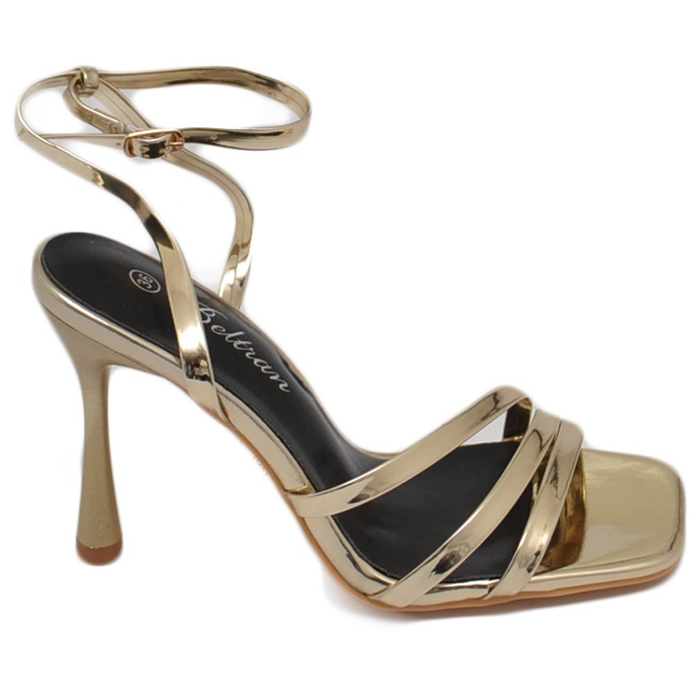 Sandali tacco donna fascette lucide oro e cinturino alla caviglia tacco a spillo comodo 12 cm elegante.