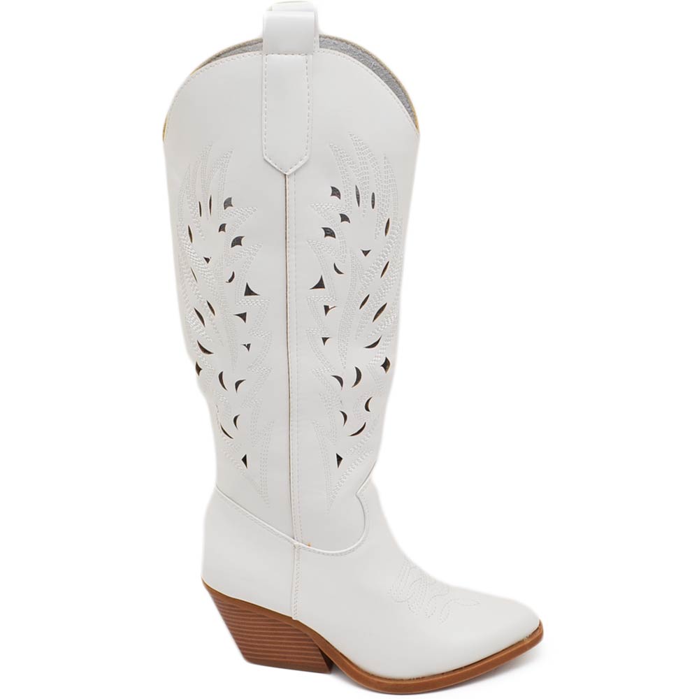 Stivali donna camperos texani bianco ecopelle forato tacco western comodo gomma altezza ginocchio estivo