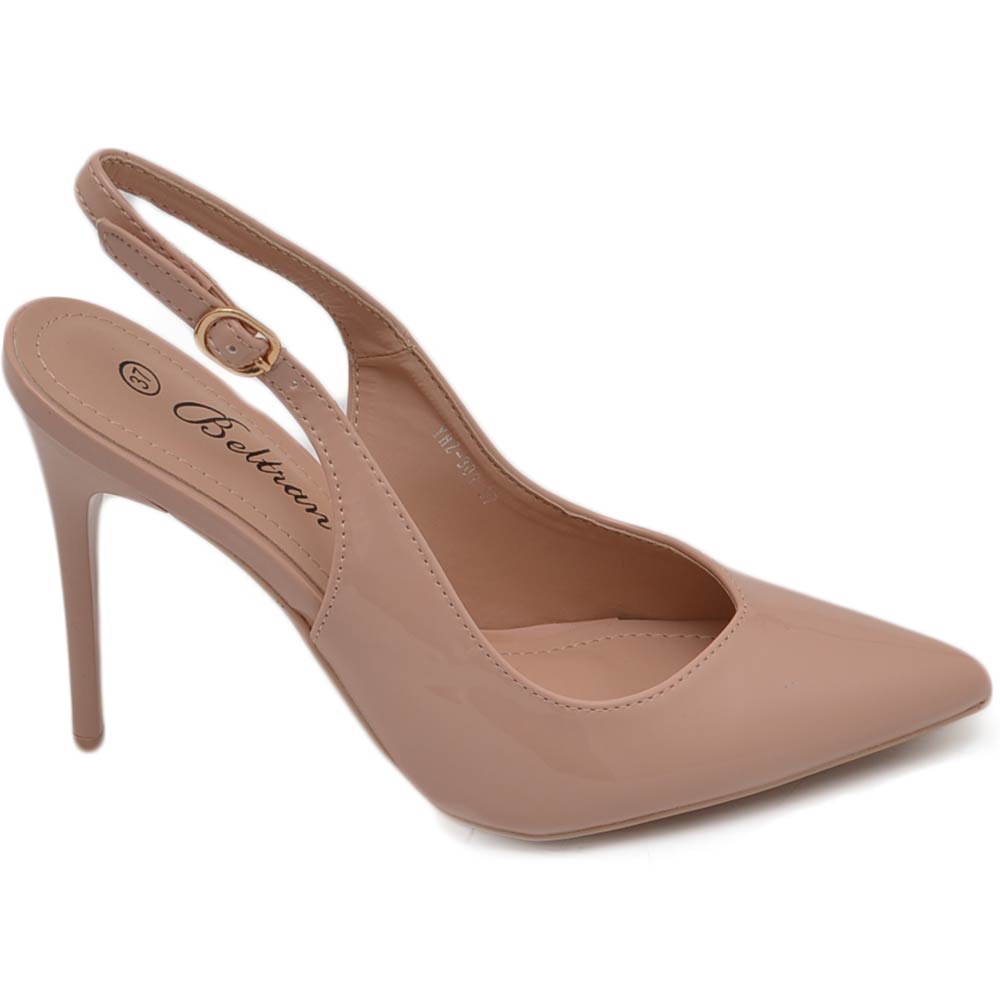 Scarpe decollete slingback donna elegante punta in vernice lucida nude tacco 12 cm cerimonia cinturino retro tallone.