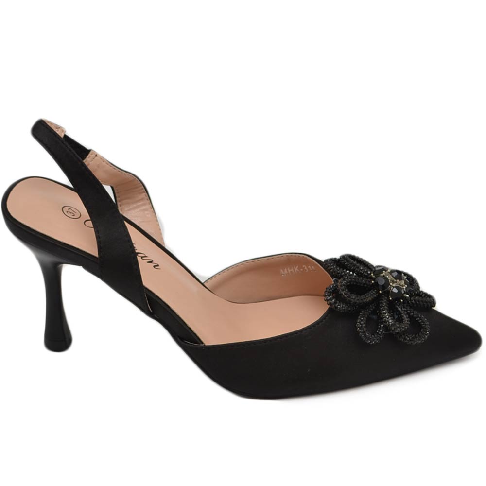 Scarpe decollete donna slingback in raso nero applicazione fiore di strass in punta tacco a spillo basso 7 cm.