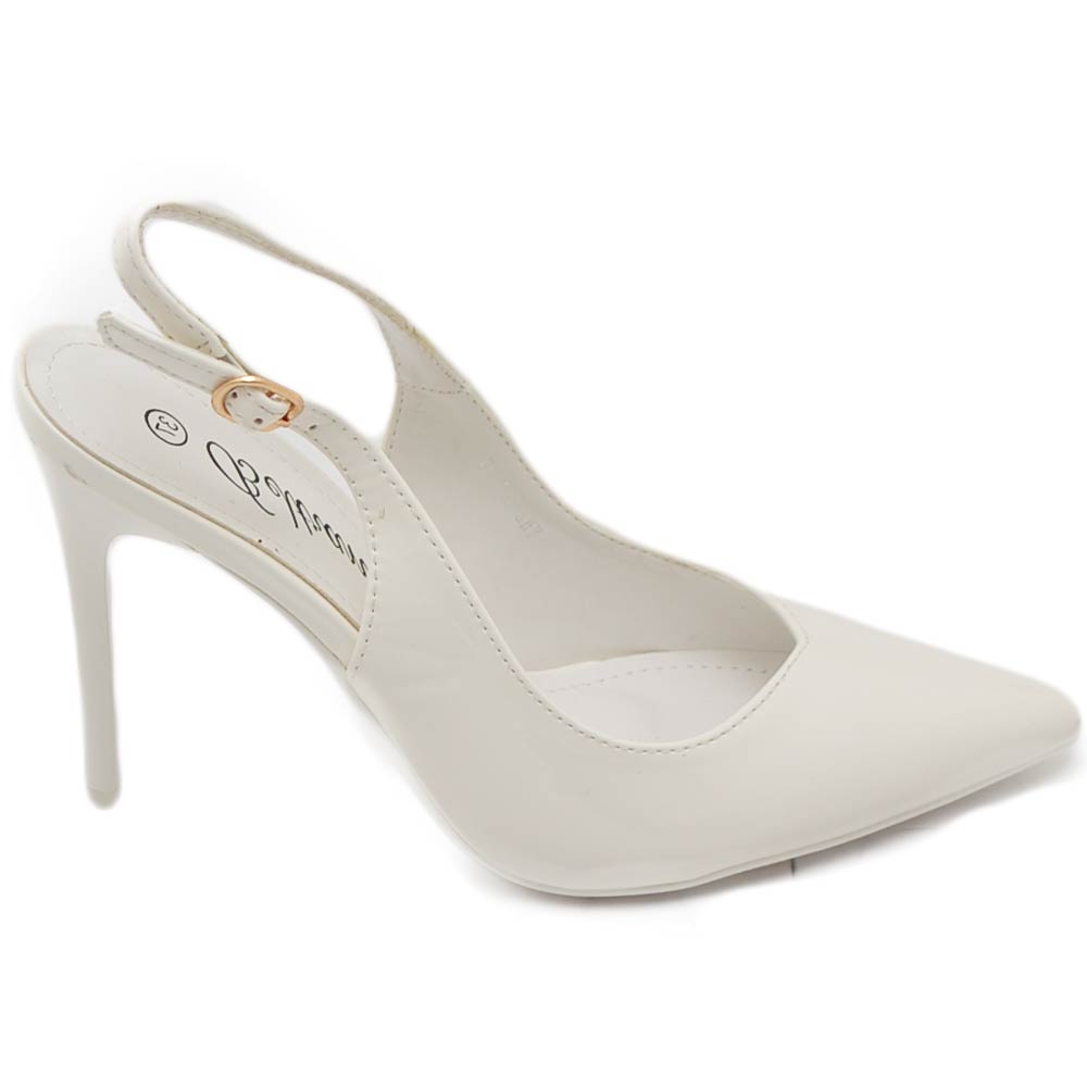 Scarpe decollete slingback donna elegante punta in vernice lucida bianco tacco 12 cm cerimonia cinturino retro tallone.