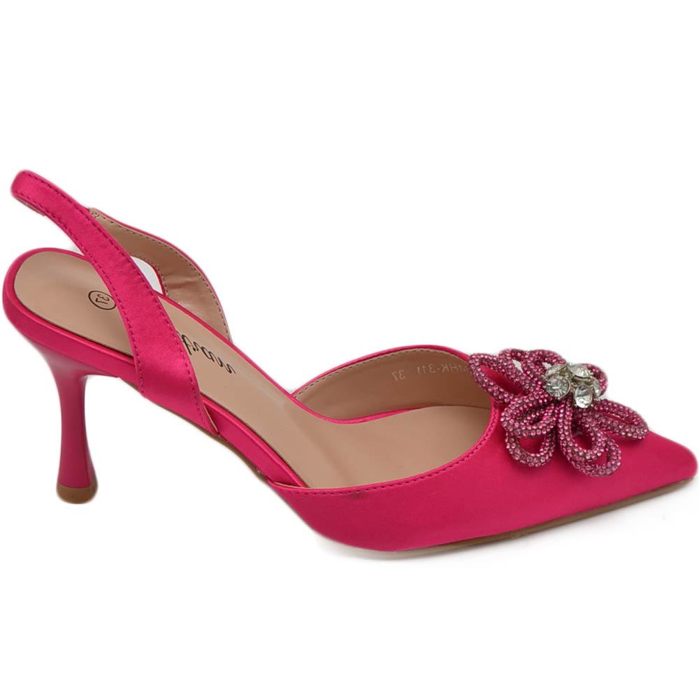 Scarpe decollete donna slingback in raso fucsia con applicazione fiore di strass in punta tacco a spillo basso 7 cm