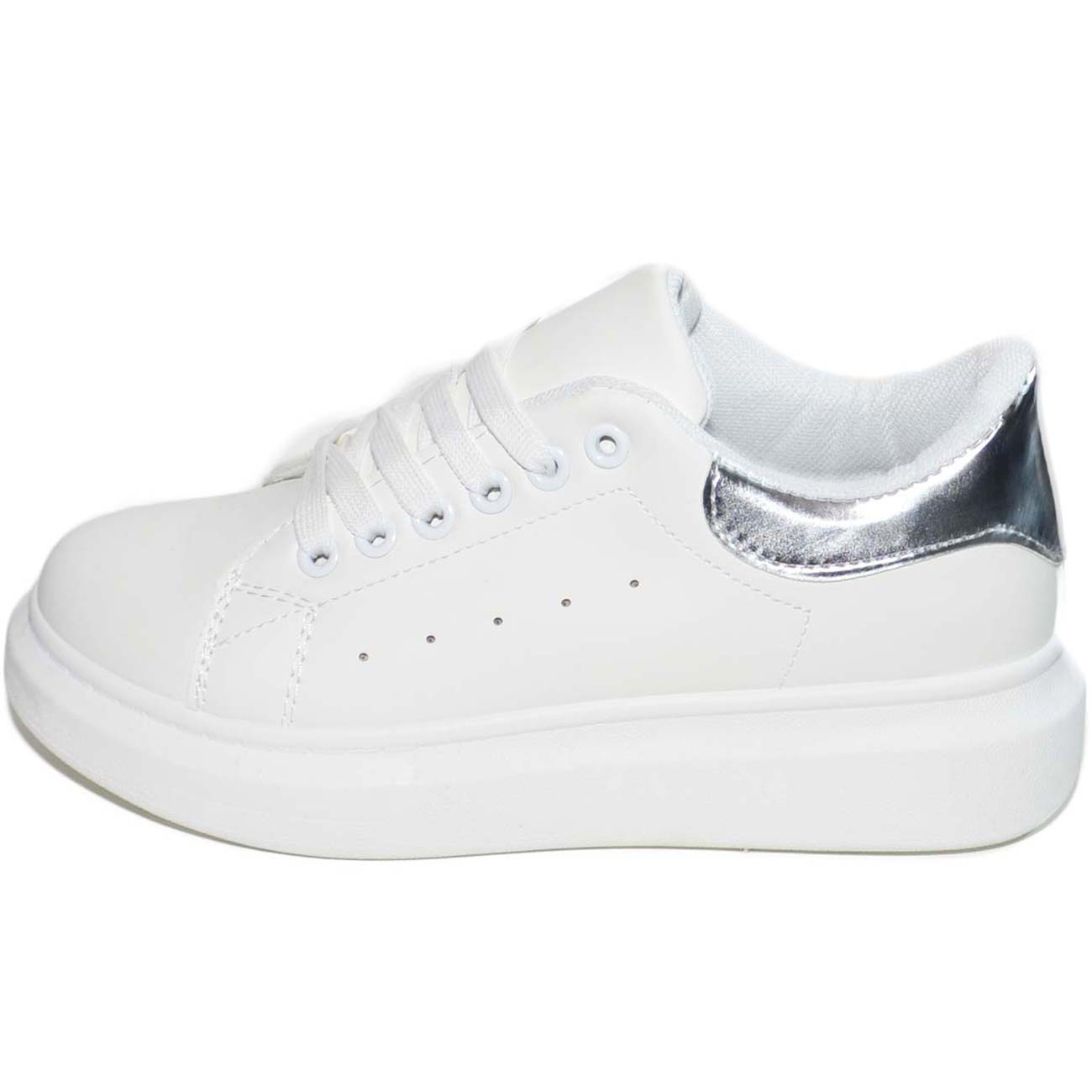 Sneakers donna bassa bianca con fondo alto alba ondulato total white linea basic 