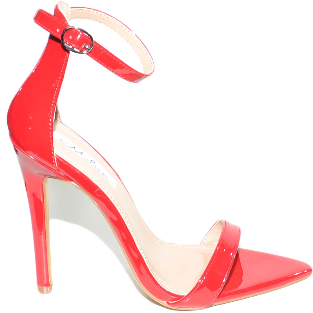 Sandalo donna rosso lucido con tacco a spillo cinturino alla caviglia moda  elegante fondo a punta donna sandali tacco Malu Shoes | MaluShoes