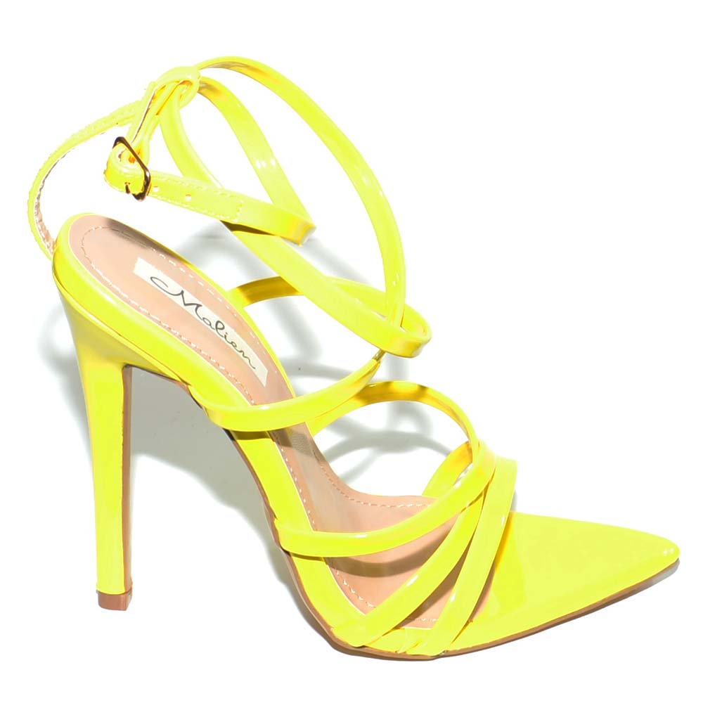 Sandalo donna giallo lucido con tacco a spillo e fascette incrociate cinturino alla caviglia moda elegante fondo a punta
