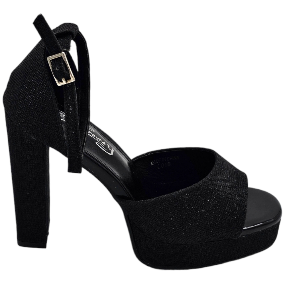Sandali tacco donna in tessuto satinato nero plateau 3 cm tacco 11 cm con fascia avampiede chiusura regolabile caviglia .