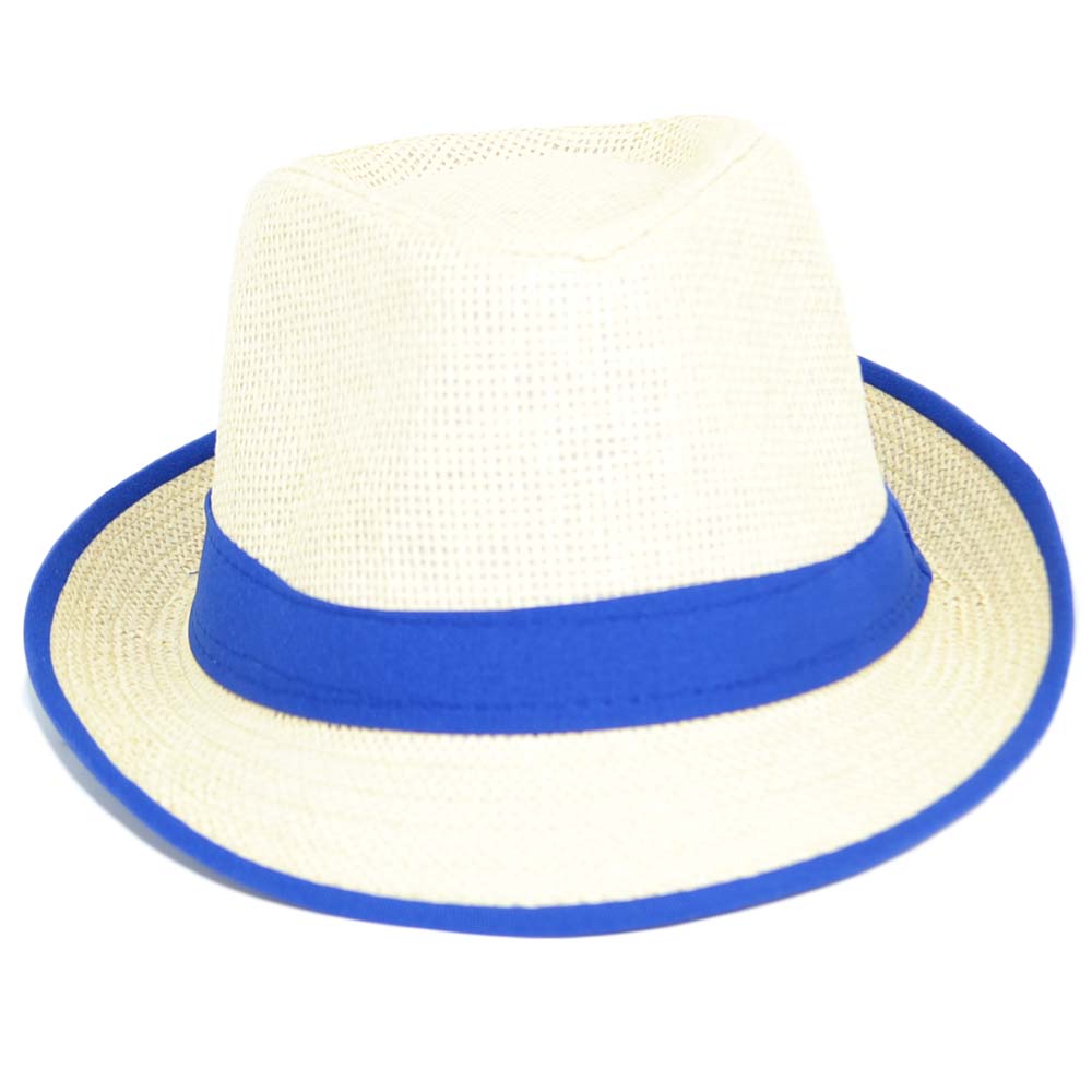 Cappello di paglia uomo con banda colorata blu cobalto naturale moda estiva tendenza moda giovane	