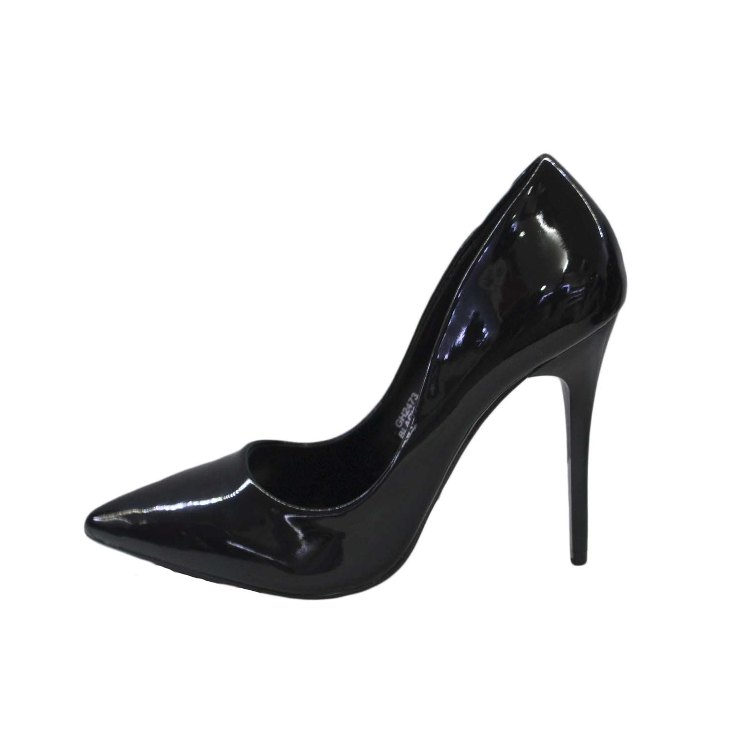 Scarpe donna alte decollete' nero lucide vernice vera pelle a punta tacco a spillo made in Italy moda chic glamour.