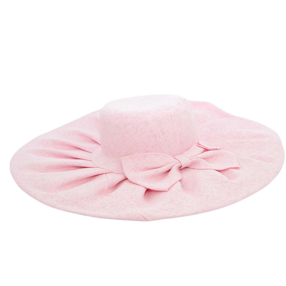 Cappello parasole di paglia naturale rosa donna elegante tesa larga fiocco pieghe flessibile e pieghevole per l’estate.