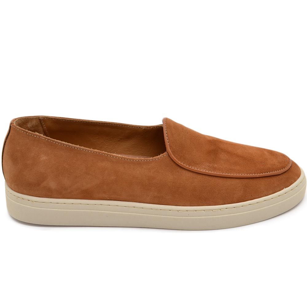 Mocassino uomo cuoio in vera pelle camosciata casual con suola barca in gomma pieghevole made in italy comfort