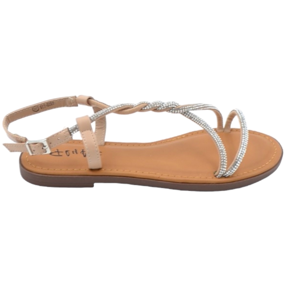 Sandalo gioiello basso donna beige nude raso terra treccia centrale brillantini chiusura caviglia regolabile antiscivolo