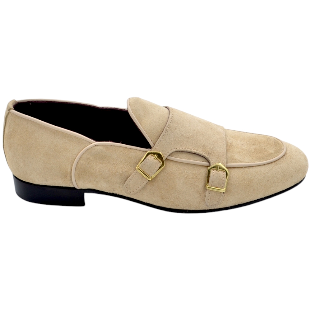 Scarpa mocassino uomo ls doppia fibbia oro vera pelle scamosciato beige spazzolato a mano interno bordeaux vero cuoio