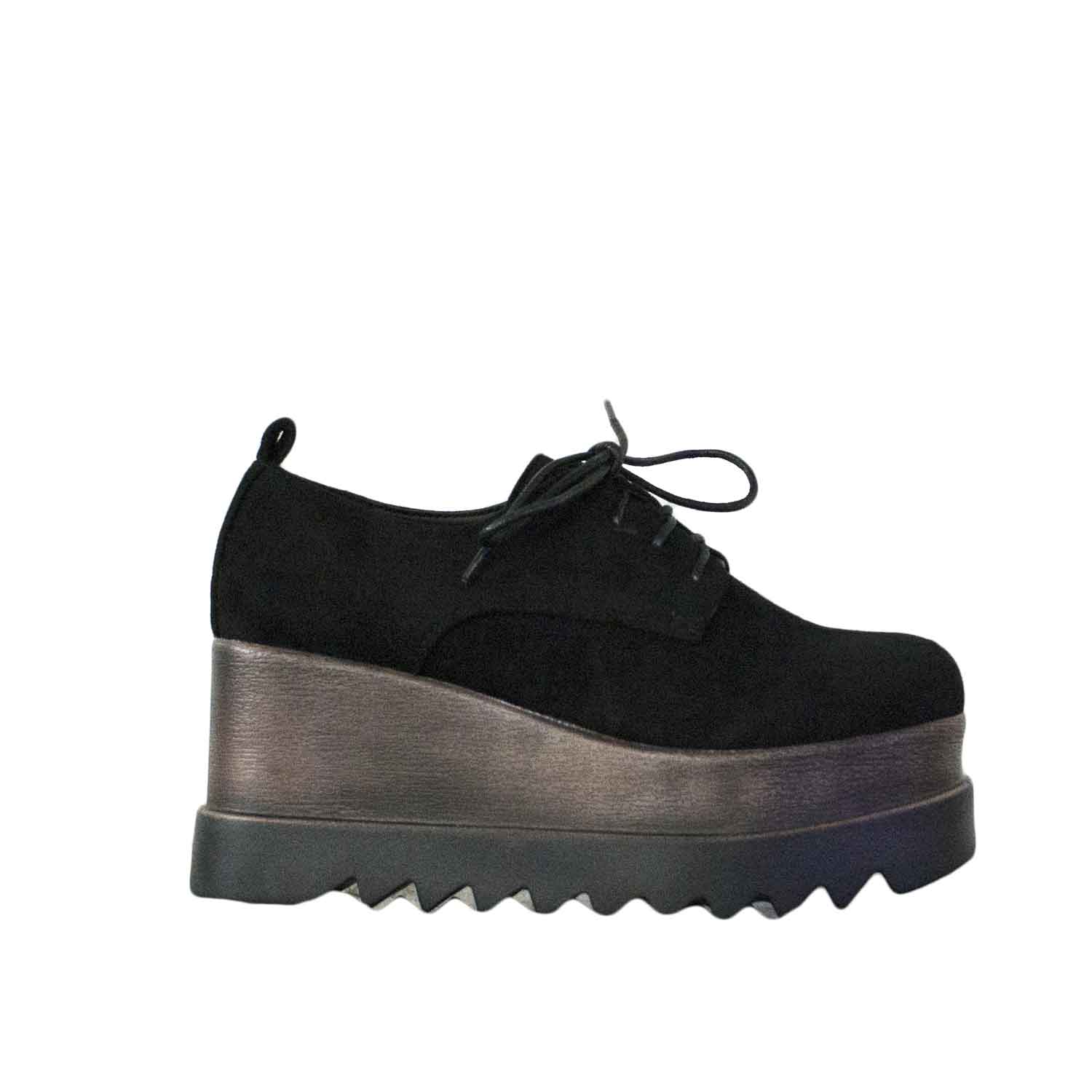 Scarpe donna zeppa underground glamour camoscio lacci effetto legno