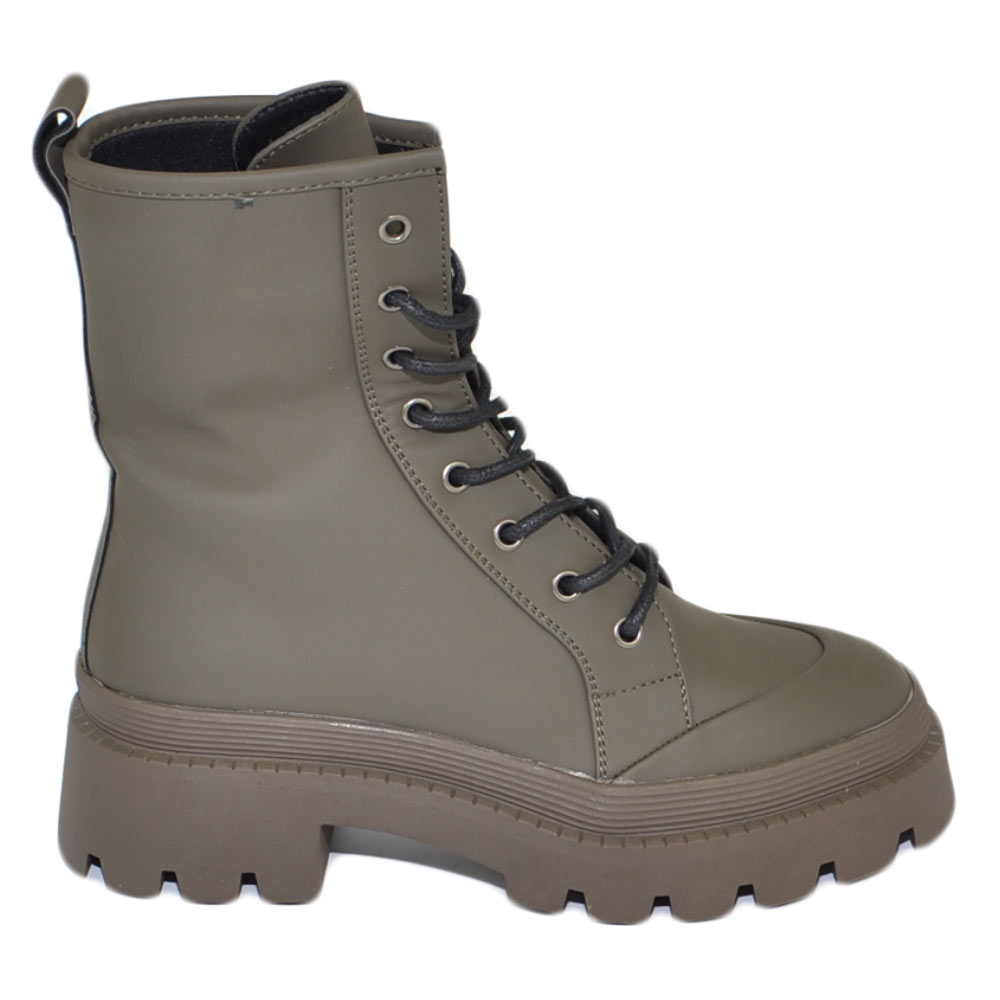 Stivaletto anfibio scarpa donna verde militare pantone impermeabile lacci doppi carrarmato alto gommato zip moda .