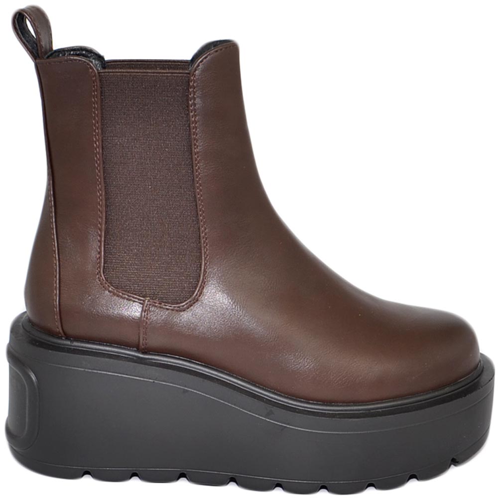 Stivaletto donna marrone chelsea beatles combat zeppa alta pelle elastico alla caviglia moda