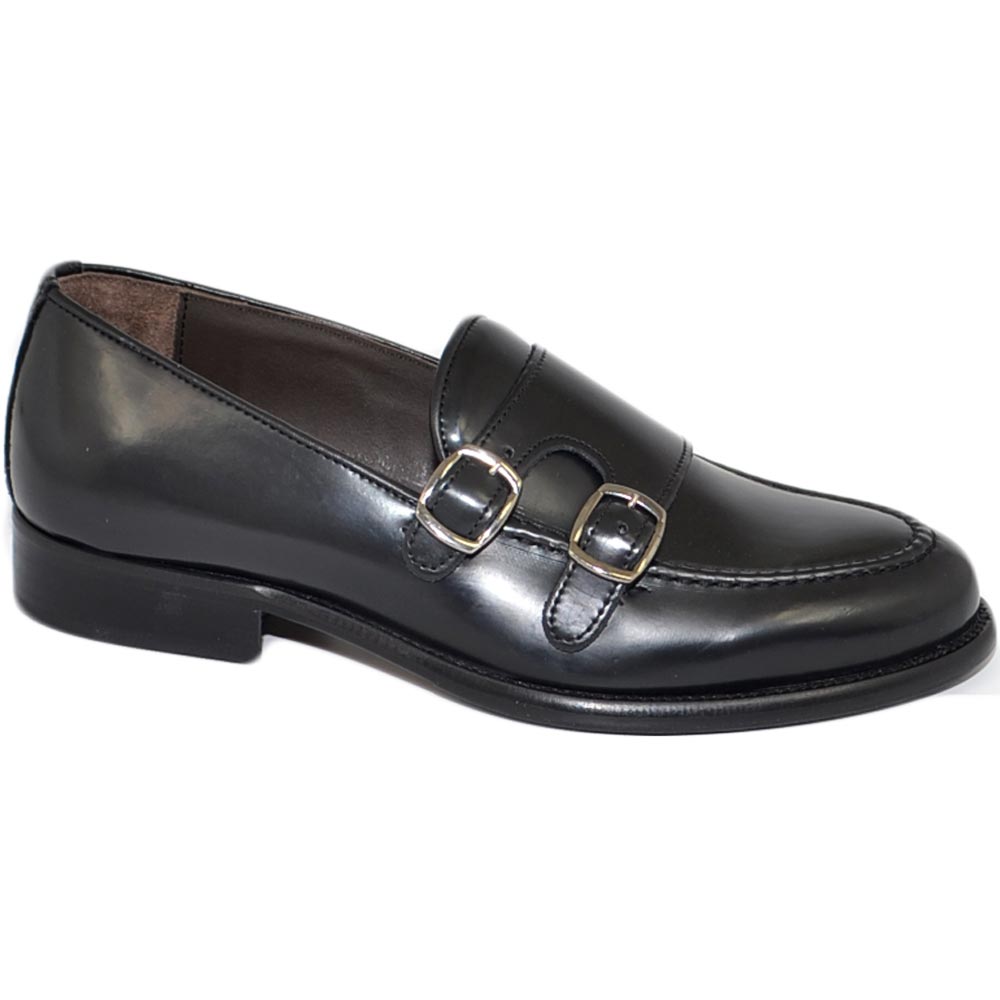 Scarpe uomo mocassino con fibbia doppia nero in vera pelle abrasivata slip on business linea dandy made in Italy.