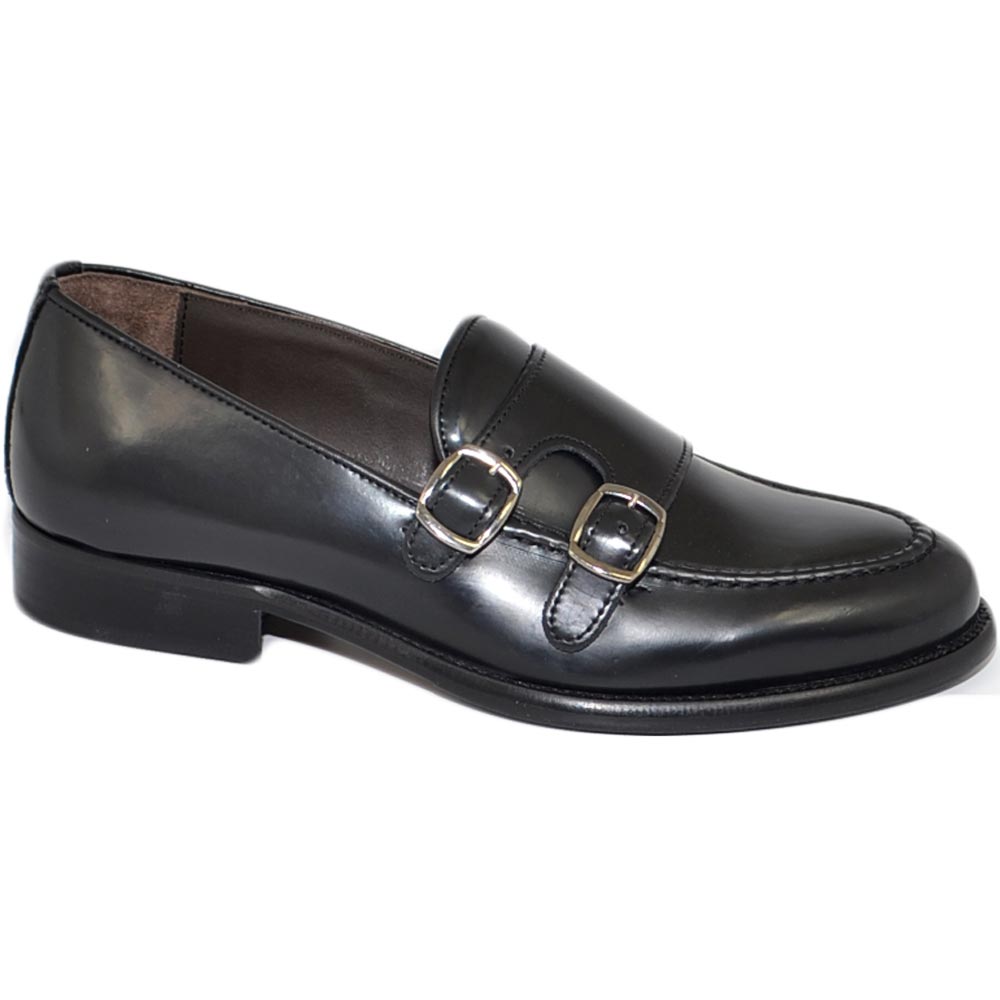 Scarpe uomo mocassino con fibbia doppia nero in vera pelle abrasivata slip on business linea dandy made in Italy