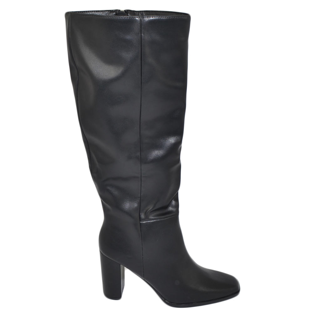 Stivali donna a punta quadrata nero gambale aderente al ginocchio tacco largo 10 cm moda con zip elegante