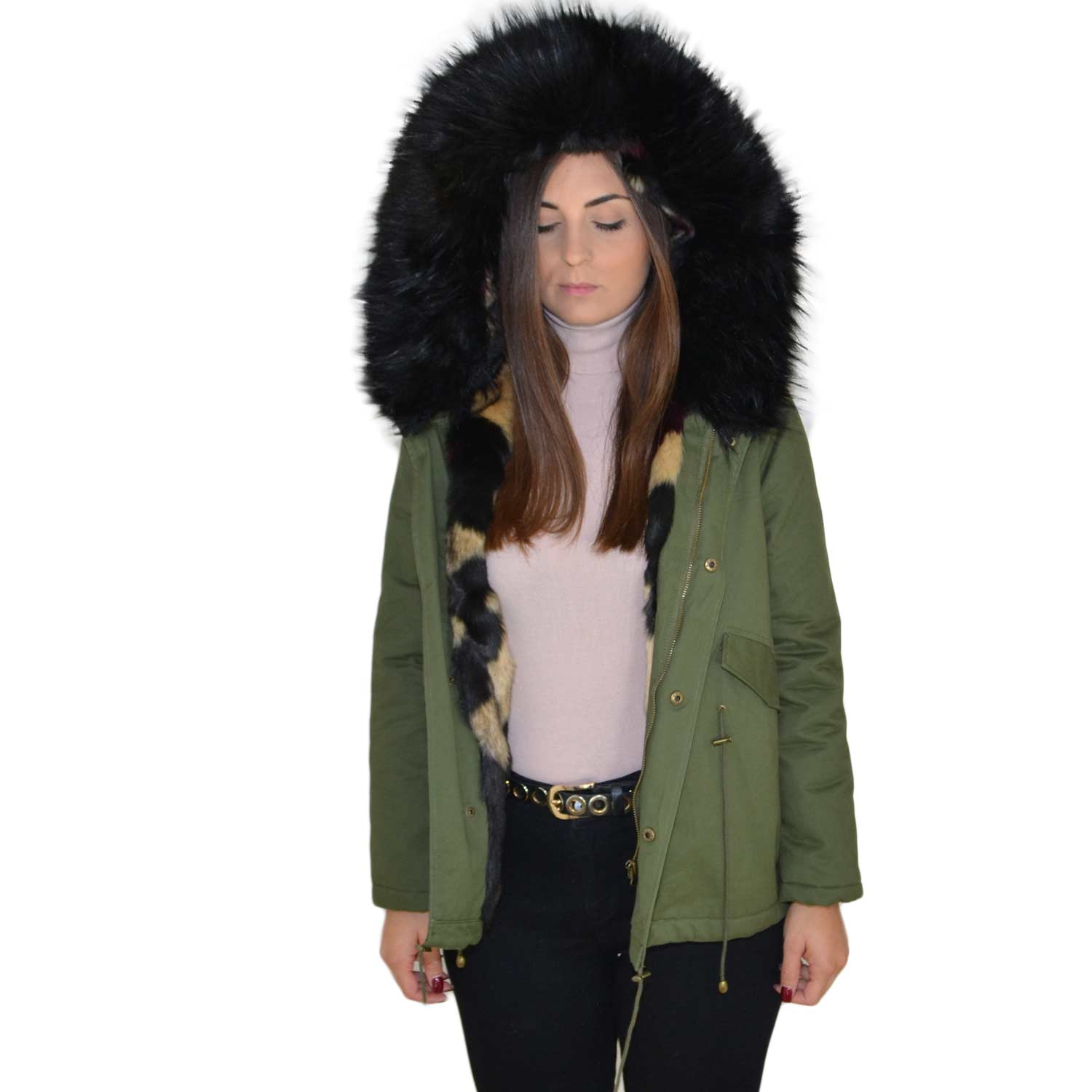 Parka donna corto verde con pelliccia nera multicolor voluminosa glamour