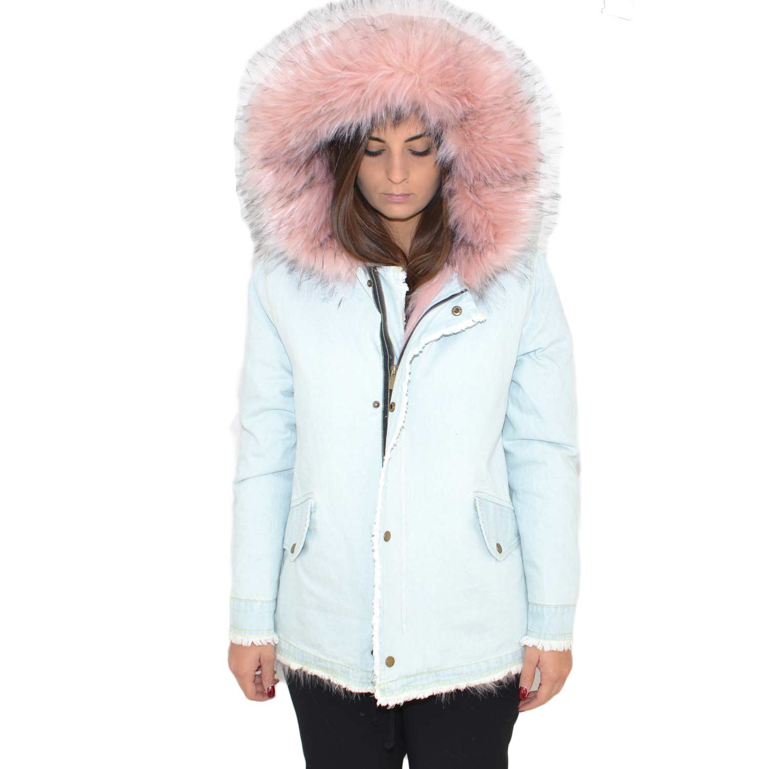 Giacca parka di jeans invernale donna con pelliccia interna ecologica rosa cappuccio cappotto calda maniche lunghe zip