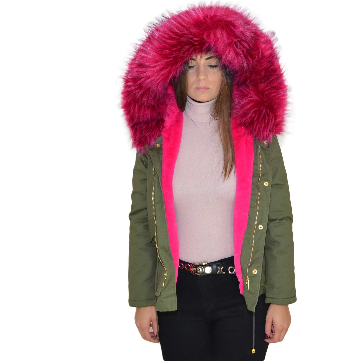 Parka donna verde invernale con pelliccia fucsia colorata giubbotto piumino lungo pelo extra volume imbottito caldo moda