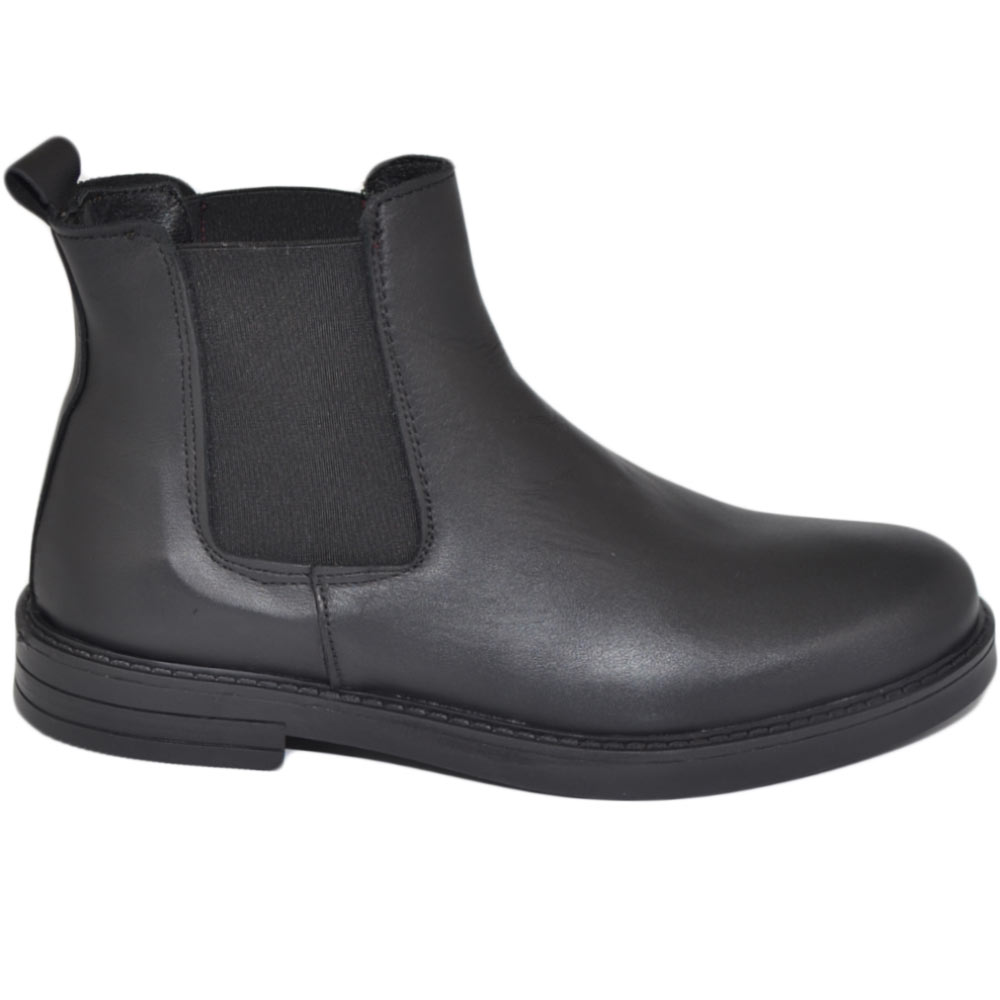 Scarpe beatles uomo stivaletto con elastico in vera pelle nero collo basso chelsea fondo gomma made in italy invernale