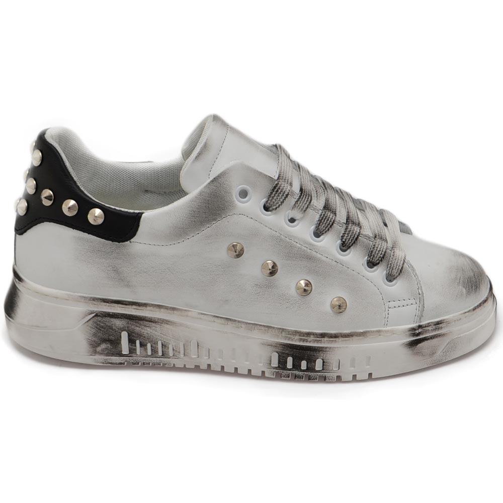 Scarpe Sneakers Alte In Pelle Sfumata Grigia Con Borchie – Stivaletti Fashion Uomo Donna Made In Italy