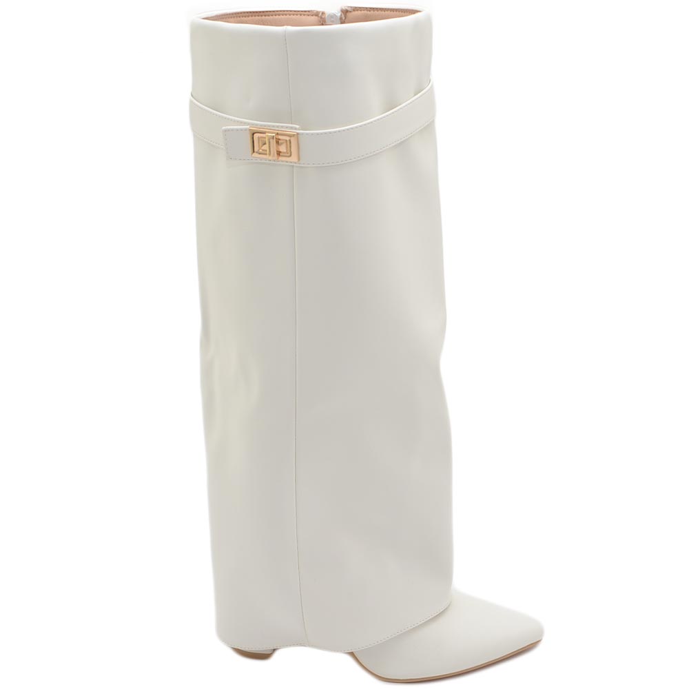 Stivali donna alti bianco pelle al ginocchio a punta con risvolto para fino a terra tacco doppio 10cm 