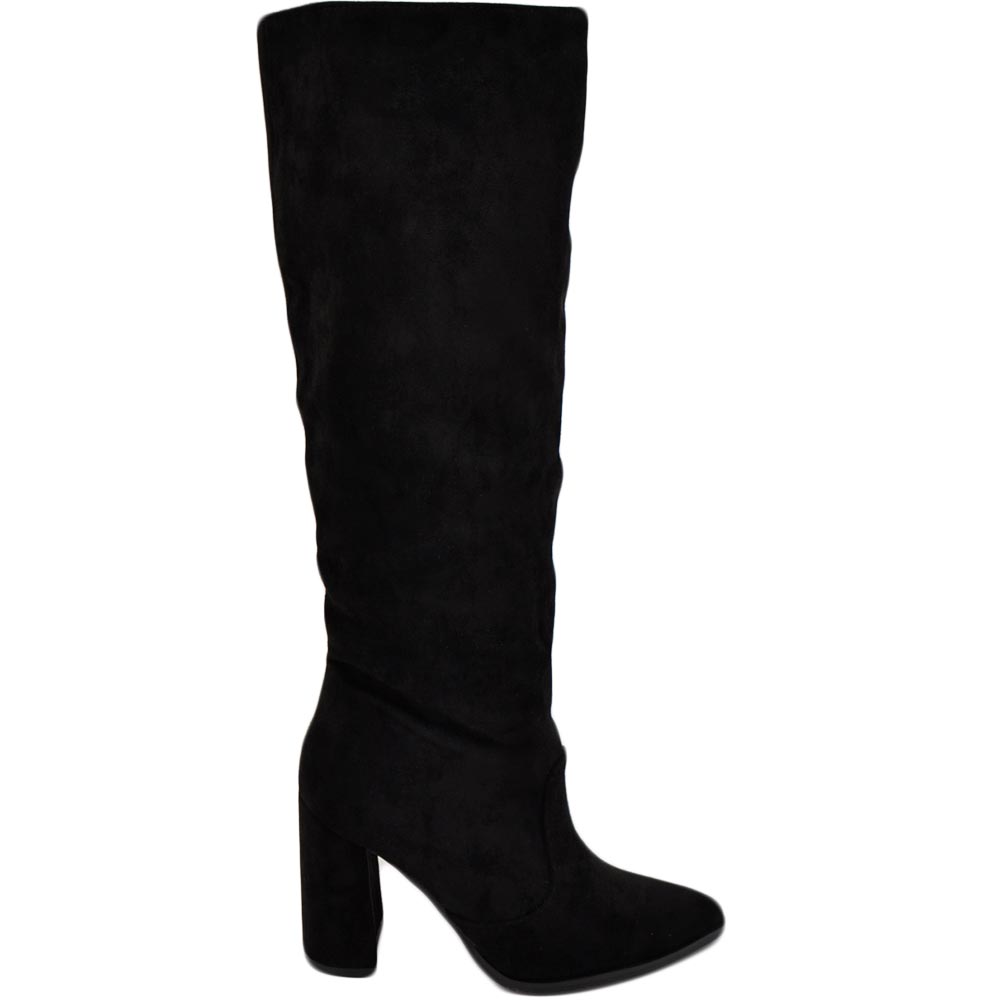 Stivale donna alto rigido in camoscio nero tacco largo liscio linea basic a punta moda altezza ginocchio zip
