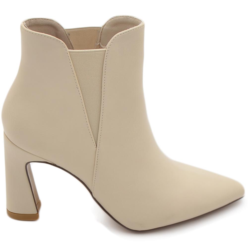 Tronchetto stivaletto donna a punta beige chiaro con elastico Beatles e tacco semi largo 7 cm comodo alla caviglia