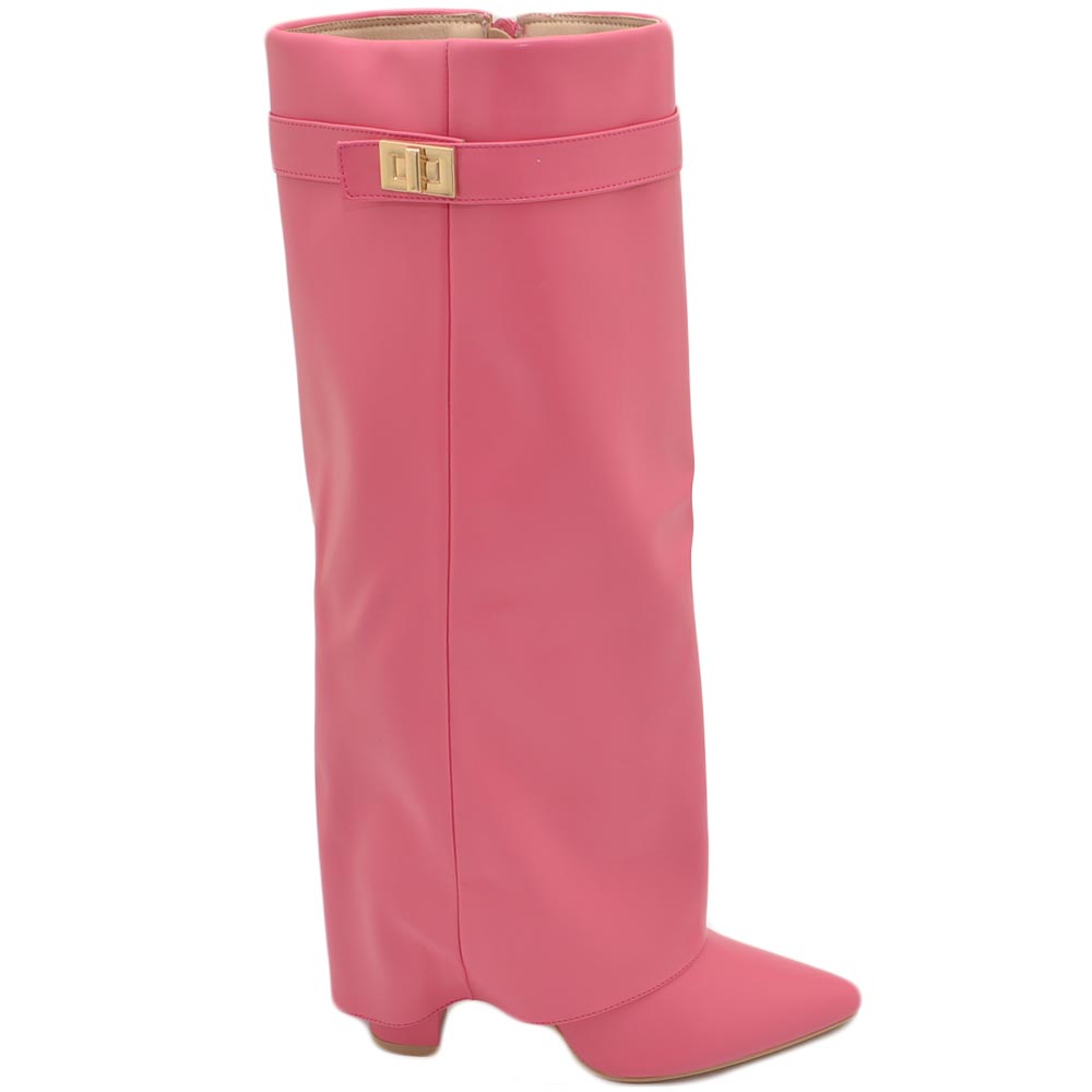 Stivali donna alti rosa pelle al ginocchio a punta con risvolto para fino a terra tacco doppio 10cm 