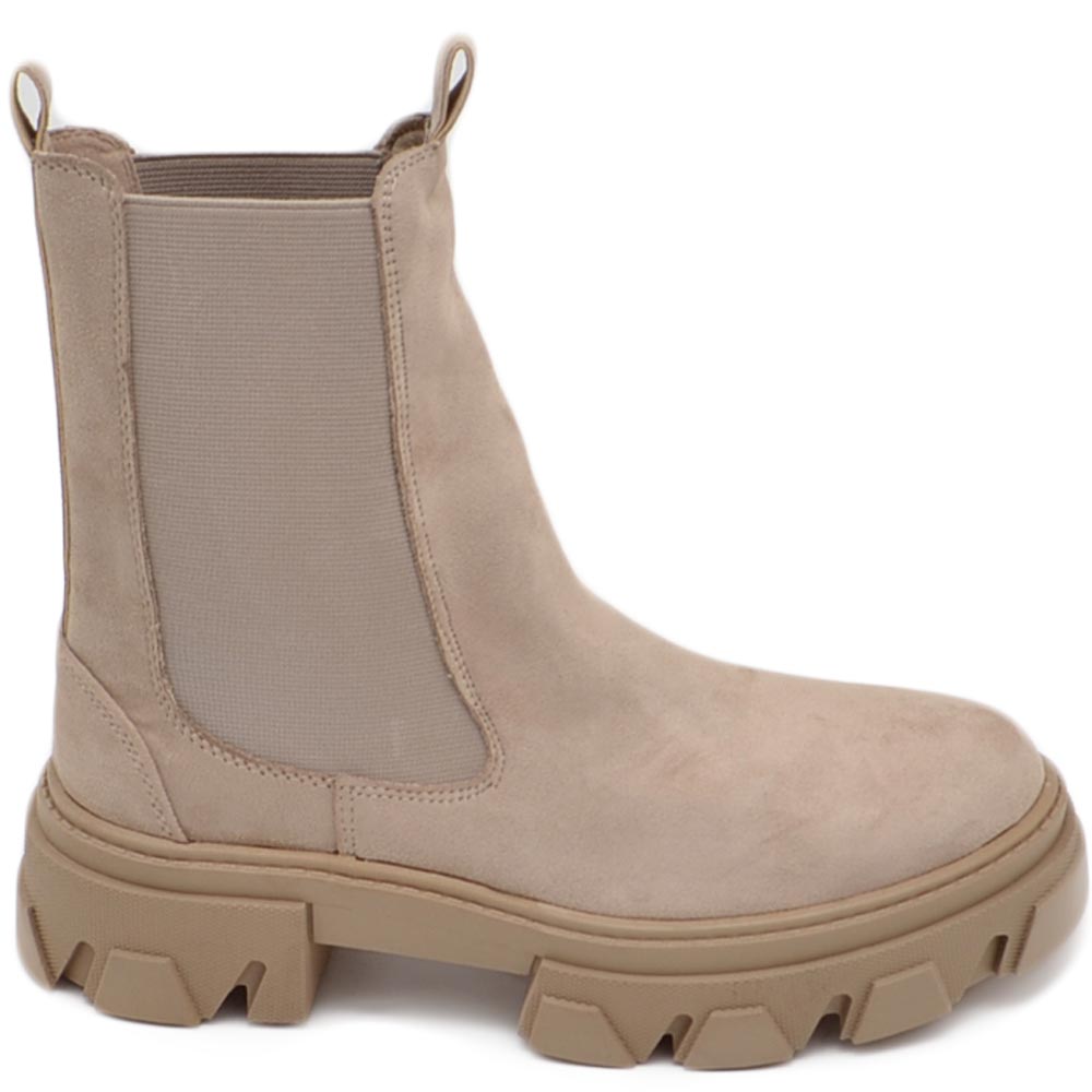 Stivaletti donna chelsea boots combat scamosciato beige chiaro fondo alto carrarmato 5 cm elastico.