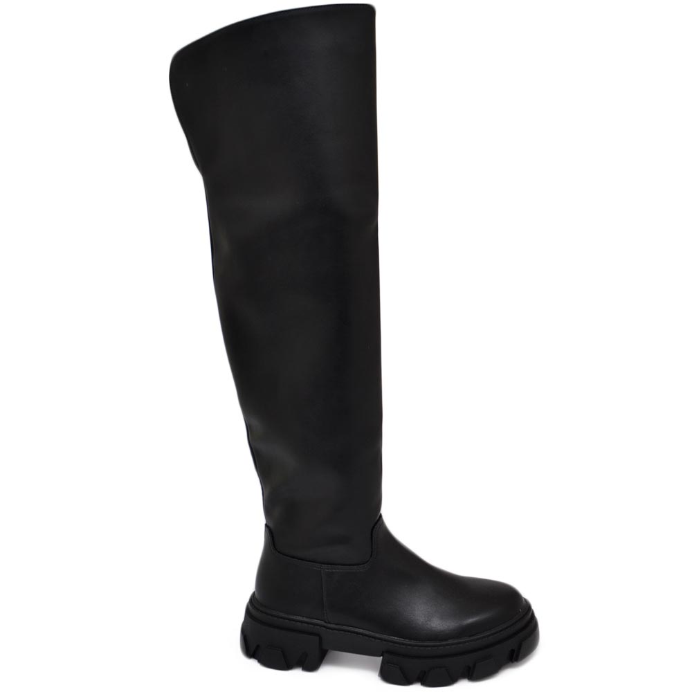 Stivali combat pelle nero con zeppa carrarmato 4,5 cm alti sola al ginocchio scollo retro gambale morbido aderente