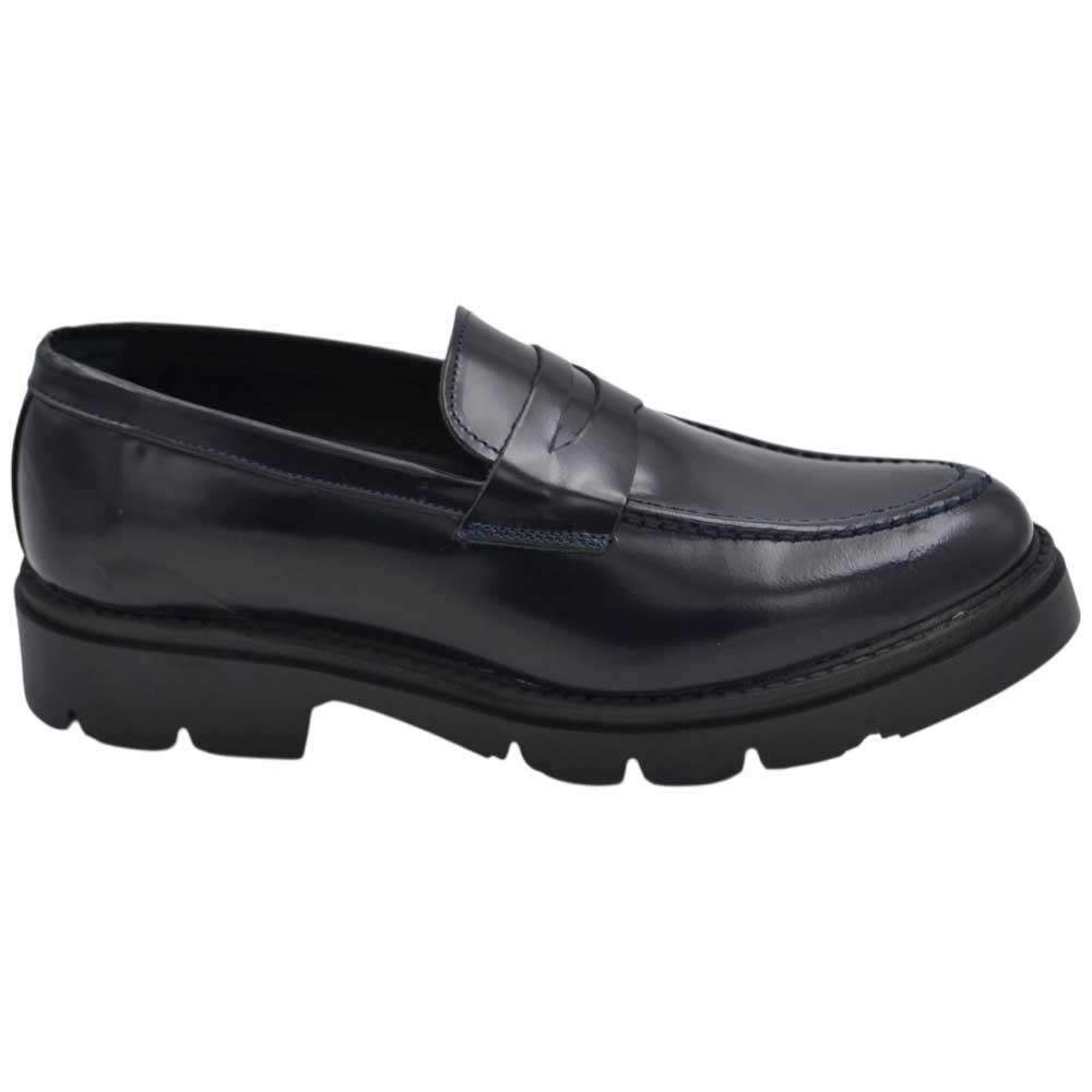 Scarpe uomo mocassino con bendina blu spazzolato in vera pelle abrasivato business fondo gomma roccia alto.