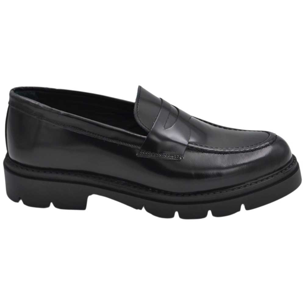 Scarpe uomo mocassino con bendina nero spazzolato in vera pelle abrasivato business fondo gomma roccia alto