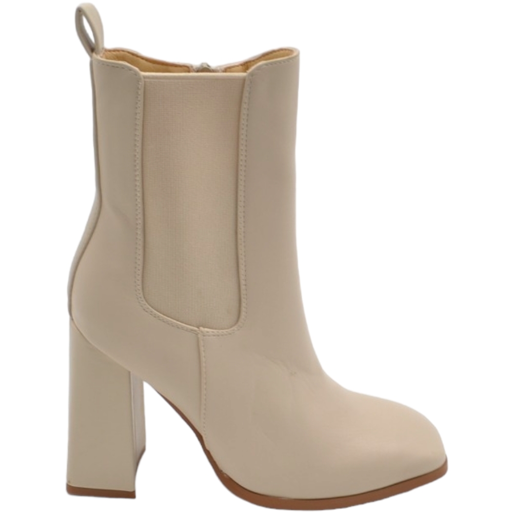 Stivaletto Tronchetto donna linea Basic beige con elastico Beatles punta quadrata tacco doppio 8 cm zip laterale