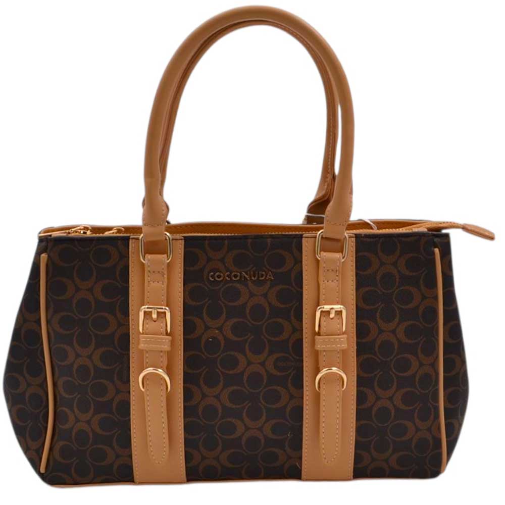 Borsa firmata shopping coconuda donna a spalla con tracolla fantasia logo marrone cuoio zip dorata