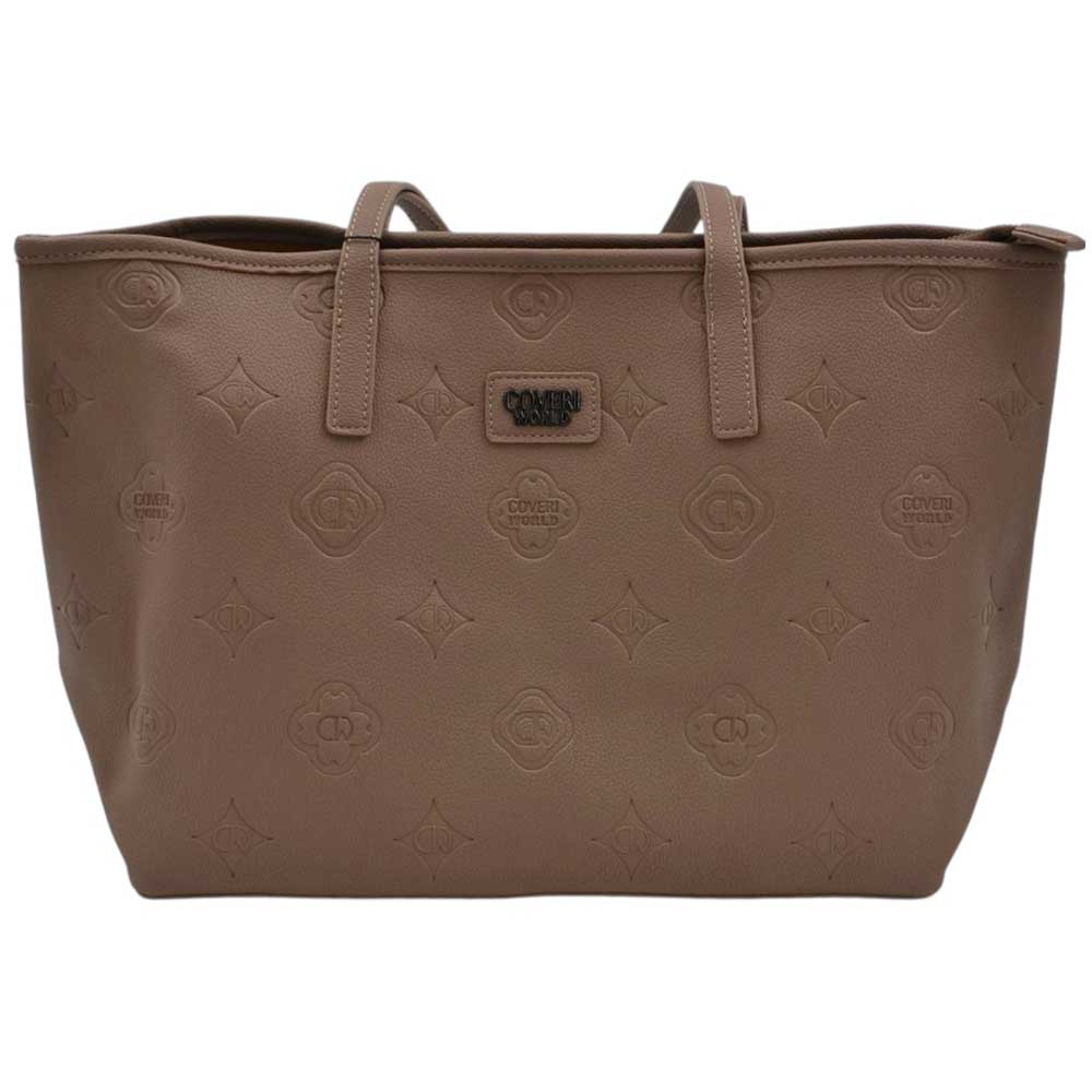 Borsa shopping donna firmata Coveri World morbida tinta unita tortora con fantasia monogramma zip.