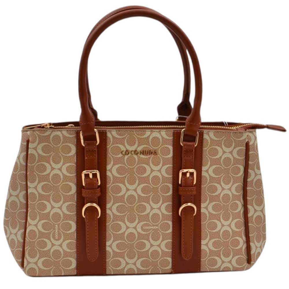 Borsa firmata shopping Coconuda donna a spalla con tracolla fantasia logo beige e cuoio zip dorata