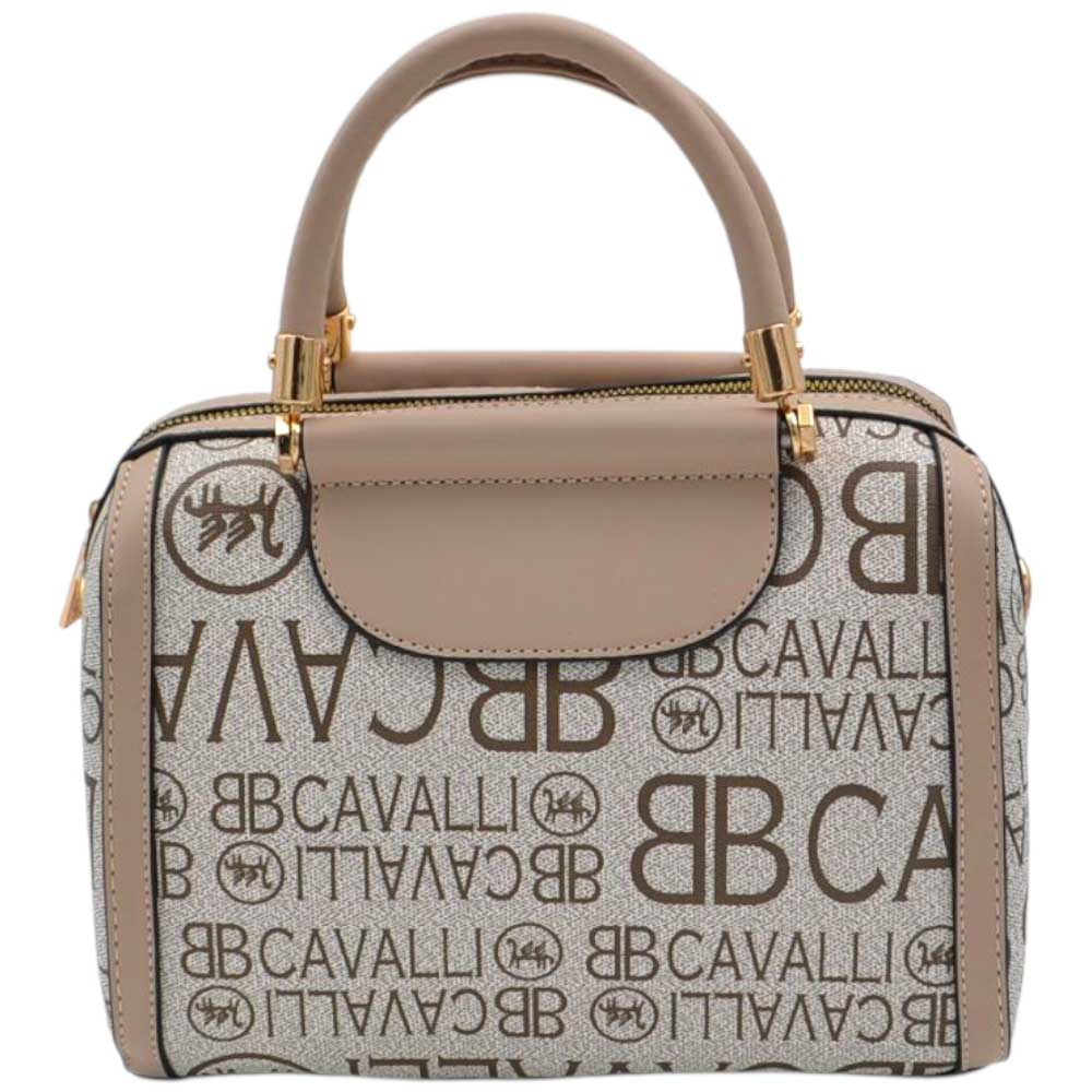 Borsa Donna a Mano Bauletto Beige Logo Cavalli Materiale Sintetico Rigido Manici Strutturati Dettagli Oro